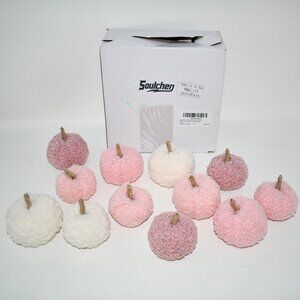 Soulchen 12 Pcs Pink Teddy Plush Mini Pumpkins – Small Foam Fall & Christmas Dec